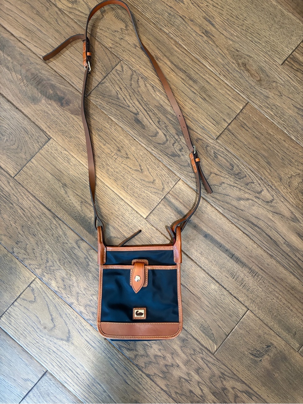 Dooney & Bourke Black Nylon Crossbody with Brown Leather Trim and Gold Accent